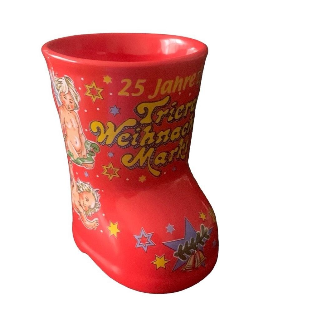 Vintage German 2004 Holiday Ceramic Boot Cup Mug Cherubs Festival Festive Christ